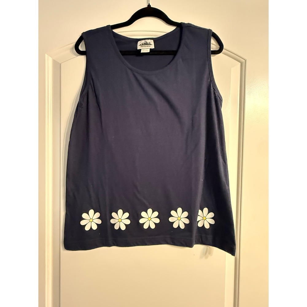 Metropolitan Sleeveless Top Medium Navy Blue Daisy Floral Retro Cottagecore